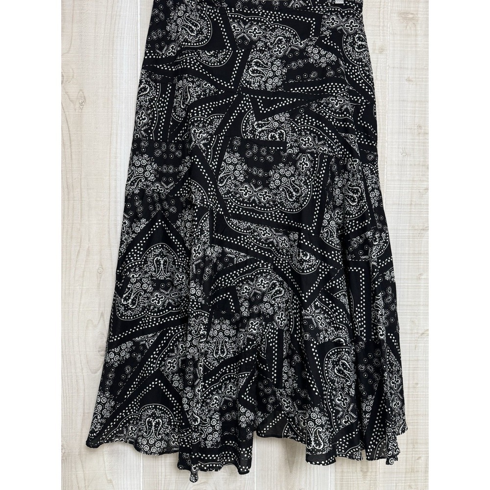 Lauren Ralph Lauren Black White Paisley Tier Midi Skirt 8 Flare Bandana Western